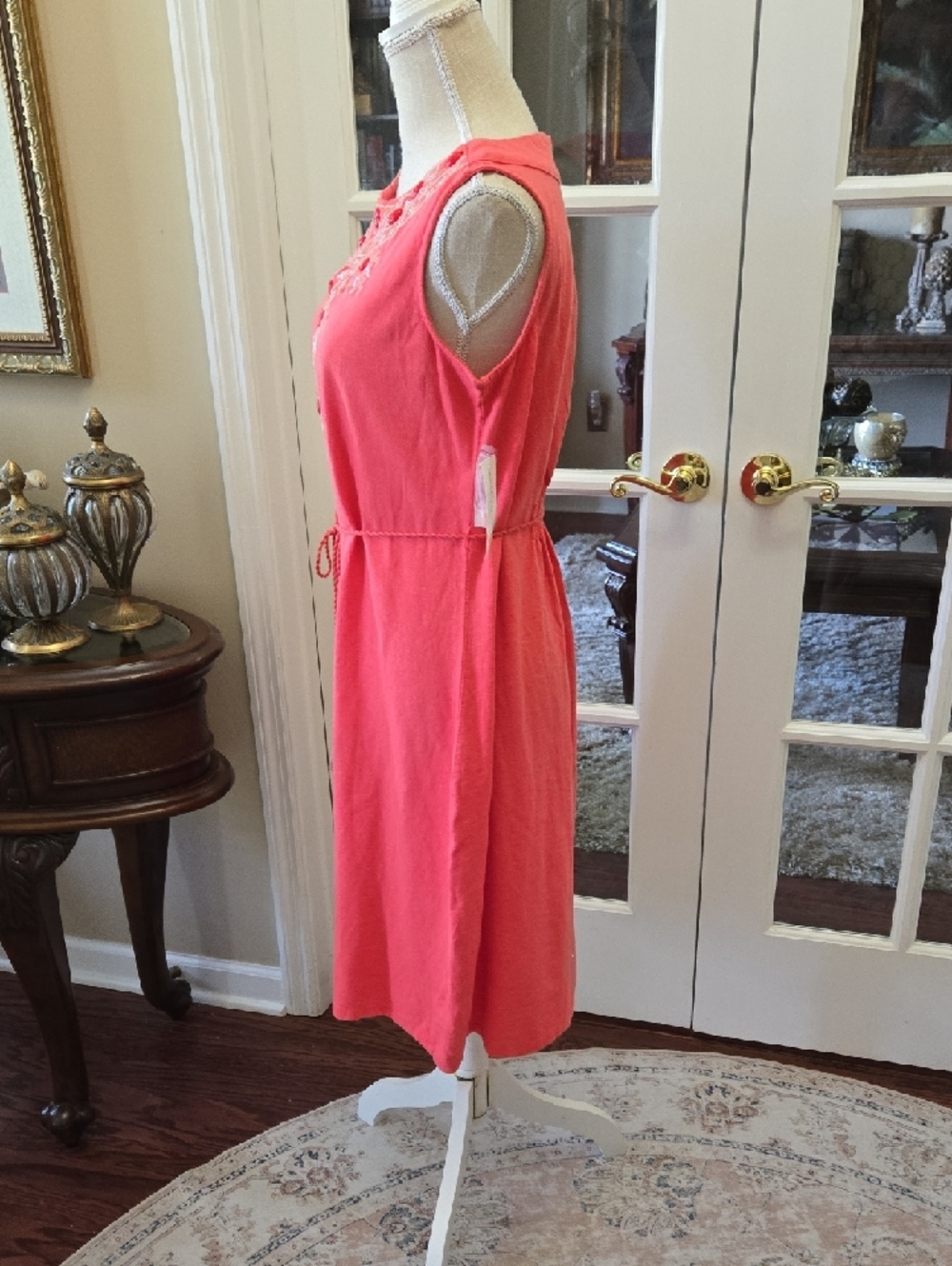 Charter Club Petite Coral Dress Sleeveless Embroidered Beads Tie Waist Cotton SP - Picture 5 of 11